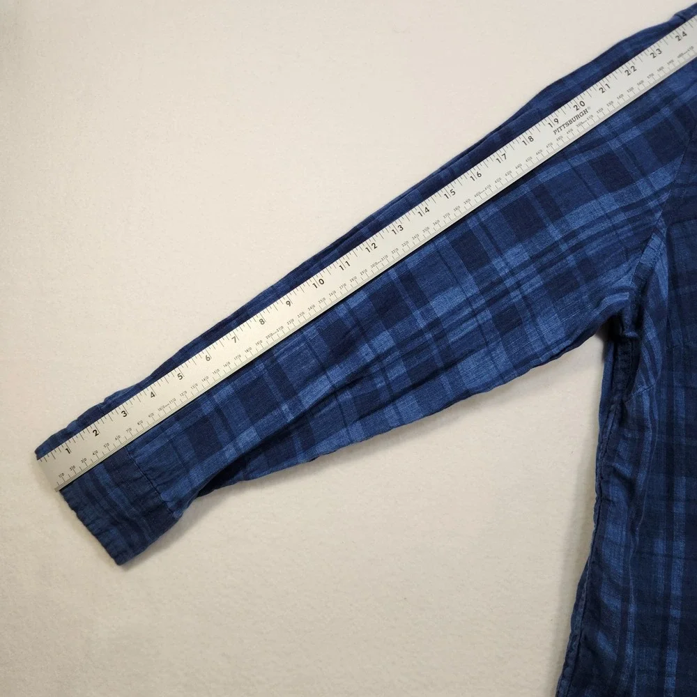 Lauren Ralph Lauren 100% Linen Button Up Tunic Women 2X Blue Plaid Prep Coastal